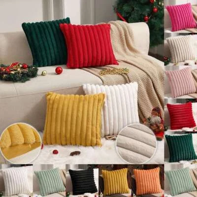UK Faux Fur Striped Plush Cushion Cover Bedroom Sofa Christmas Decor Pillow Case - Image 1 of 4