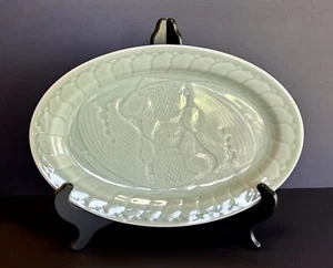 Vintage Celadon Green Koi Fish Large Serving Platter Jade Sage Chinese 14” - Picture 1 of 12