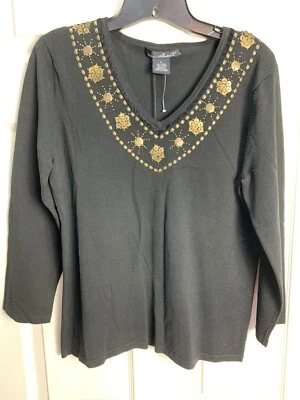 NWT Willi Smith Size L Black V-Neck Shimmer Trim Silk Blend Knit Top Sweater - Image 1 of 4