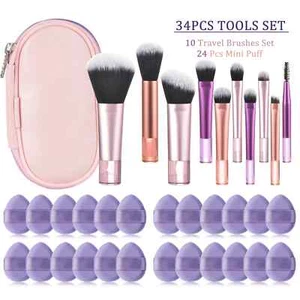 Mini 10 Piece Makeup Brush Set with Bag 24 Multi-Purpose Soft Brushes for Travel - Picture 1 of 8