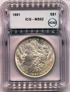 1891 Morgan Silver Dollar MS62 ICG LUSTROUS ORIGINAL - Picture 1 of 2