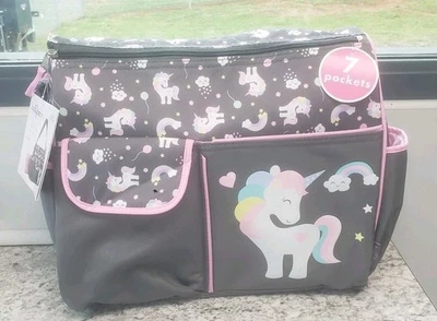 Baby Boom Pink & Grey Unicorn Multi Pckt Diaper Bag Travel NWT W/Changing Mat Foto 1 de 4