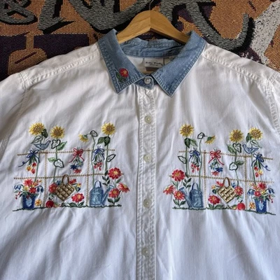Bobbie Brooks Woman Shirt 3XL 22W/24W Denim Floral Garden Embroidered Button Up - Image 1 of 4