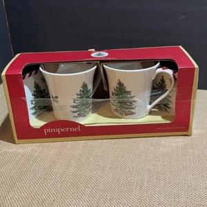 Spode NIB Christmas Tree By Pimpernel Set Of Two 10oz Coffee Mugs With Coasters - Picture 1 of 9