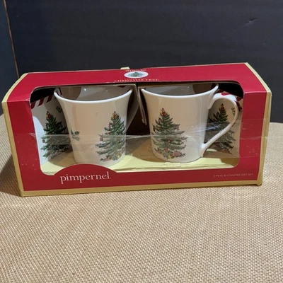 Juego de dos tazas de café con posavasos Spode nuevo en caja árbol de Navidad de Pimpernel de 10 oz Foto 1 de 4