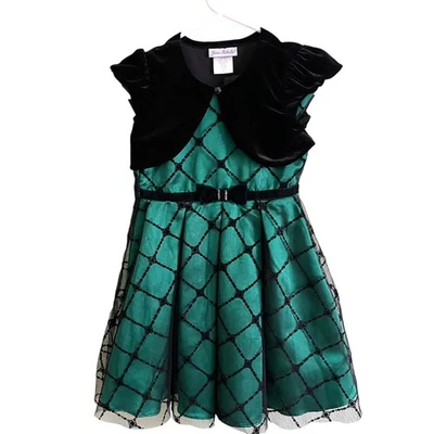 Jona Michelle Girls Holiday Dress Size 5 | Green Satin & Black Velvet Bolero Set - Image 1 of 4