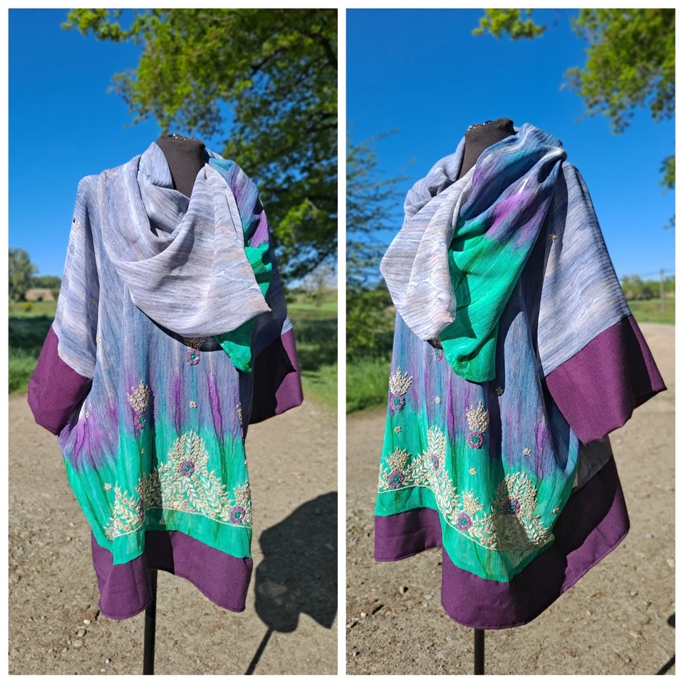 NUEVO RARO Hecho a Mano Bordado Capucha Cuello Top TALLA ÚNICA Boho SEDA CREPÉ Foto 1 de 4