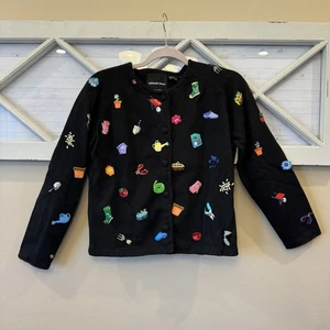 VTG Y2K 2000 Michael Simon Black Cardigan Sweater Gardening Theme Sz Small S - Picture 1 of 12