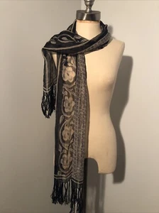 Sciarpa seta vintage Giorgio Armani Le Collezioni beige navy floreale 60 x 16,5 + frange - Foto 1 di 9