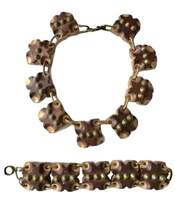 Mid Century Wood Brass Link Necklace And Bracelet Set Haskell Style - Picture 1 of 12