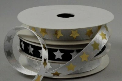 RP RIBBON White/Black satin ribbon with silver/gold star print 10mm x 1m cut from roll