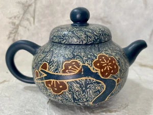 VTG Chinese Yixing Zisha Small Hand Painted Clay Teapot Lid Floral Blue Marked - Picture 1 of 15