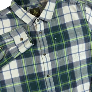 prAna Button Up Flannel Brushed Cotton Shirt Men's L Green Blue Plaid Outdoors - Picture 1 of 6