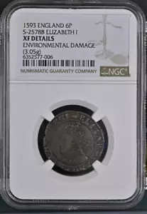 1593 ENGLAND 6 Pence Silver Coin Royal Mint 6th Issue Elizabeth I NGC XF-Details - Picture 1 of 4