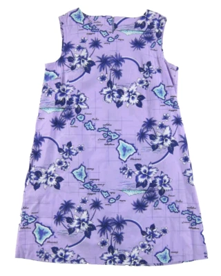 Vintage Cotton Purple Blue White Floral Hawaiian Island Tank Sun Dress Large - Image 1 of 4