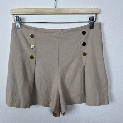 Pantalones Cortos Zara Para Mujer Grandes Mezcla de Lino Cintura Alta Botón Marinero Preppy Costero Foto 1 de 4