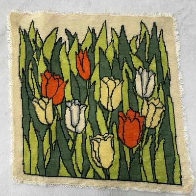 Vintage 70s Needlepoint Tulips Finished Floral Pillow Chair Cover Garden Art 14” - Image 1 of 4