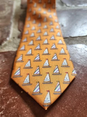 VINEYARD VINES ~ CORBATA DE VESTIR DE SEDA PARA NIÑOS/ADOLESCENTES ~ Naranja con VELEROS ~ 49" Foto 1 de 4