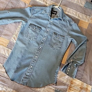 Vintage Wrangler Pearl Snap Denim Shirt Sz S Cowboy Western Cut Faded Jeans Long - Picture 1 of 24