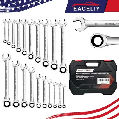 EACELIY 22PCS Ratcheting Combination Wrench Set 72 Teeth Metric & SAE 6-18mm CR-V Steel