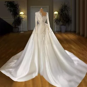 IS-Neu mit Etikett Satin Brautkleid Luxus mit Perlen Perlen Langarm Brautkleid - Bild 1 von 7
