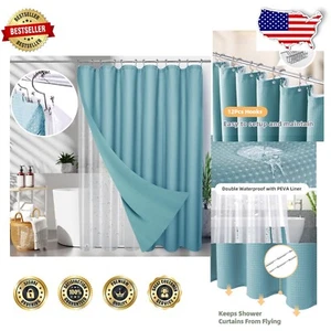 Heavy-Duty 3-Piece Shower Curtain Set - Waterproof Waffle Weave in Teal 72x84 - Picture 1 of 8