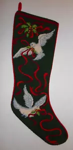 Medias de Navidad vintage de lana punta de aguja WHITE DOVES PEACE cinta roja 22" - Imagen 1 de 3