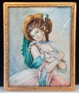 Antica miniatura firmata Ormolu francese -Signora con colomba-, bronzo dorato 41/4 x33/8 in - Foto 1 di 10