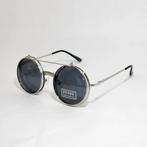 Classic Vintage 60's Retro Style Round Flip Up SUNGLASSES Silver Frame Dark Lens - Picture 1 of 9