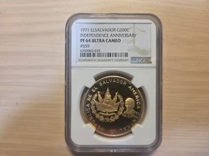 1971 GOLD EL SALVADOR 200 COLONES INDEPENDENCE ANNIVERSARY COIN NGC PROOF 64 UC - Picture 1 of 2