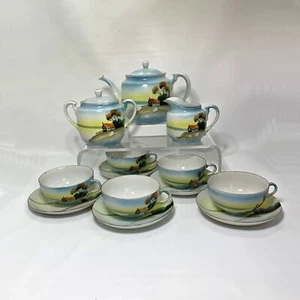 Hand Painted Porcelain Tea Set Swan Lake Scene Made Japan 1950s 17 Piece Vintage - Picture 1 of 5