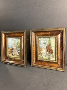 Pair Of Antique Hand Painted Miniature/Lovers/Signed/France 1900/Watercolor/Wolf - Picture 1 of 14