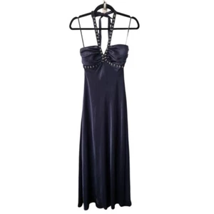 Vestido Formal Vintage Josh & Jazz Azul Marino Sedoso Vestido Halter Joyas XS Baile de graduación Boda - Imagen 1 de 15