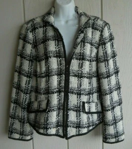 Damen Chico's Größe 2 schwarz weiß Wollmischung Haken Knöpfe Blazer Jacke Brustumfang 43" - Bild 1 von 12
