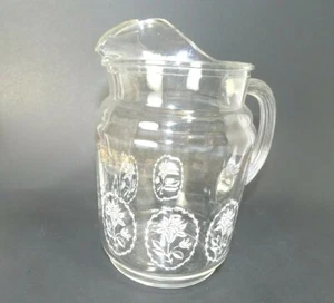 1960s Federal Glass Pitcher with Ice Lip White Enamel Flowers Leaves in Oval  - Picture 1 of 12
