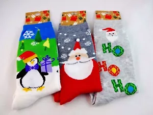 Christmas Socks 3 Pairs Santa Penguin Ho Ho Ho Ladies Crew Size 9-11 K Bell - Picture 1 of 3