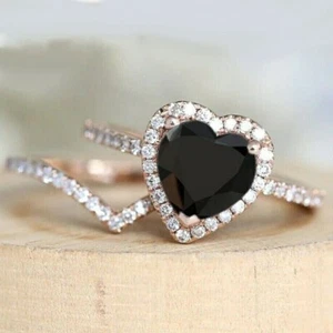 3 Ct Heart Shape Black Diamond Bridal Halo Wedding Ring Set 14K Rose Gold Finish - Picture 1 of 6