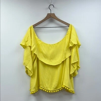 Alice & Olivia Tiered Pom-Pom Off-the-Shoulder Woven Blouse Boho Yellow Medium - Image 1 of 4