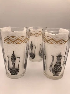 MCM Federal Glass Tumblers Gold Chevron Black Teapot High Ball Set Of 3 RARE - Imagen 1 de 6