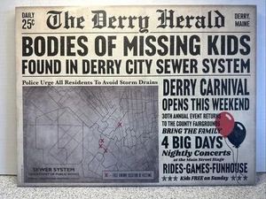 Stephen King's IT Pennywise Fake Derry Tribune Newspaper Headline Wooden Sign - Picture 1 of 2