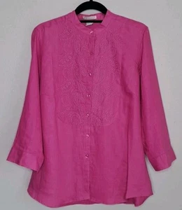 Tweeds Women's Linen Embroided Button-up Shirt Magenta Pink Lagenlook L - Bild 1 von 19