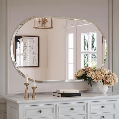 Frameless Oval Mirror, 24x40 Frameless Bathroom Mirror Designed with French C... - Image 1 of 4