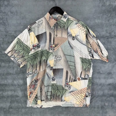 Camisa Harley-Davidson Para Hombres L Verde Azulado Escena de Paseo Hawaiano Hecha en Viscosa Hawaiana Foto 1 de 4
