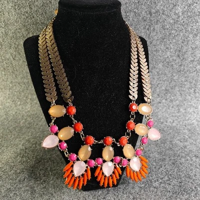 Statement Necklace Women’s Medium Gold/Pink/Orange Beaded Link Fringe Boho Style - Image 1 of 2