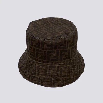 Cappello Berretto Fendi FF Zucca Monogramma Logo Cotone Tela Secchiello Marrone Taglia L - Immagine 1 di 4