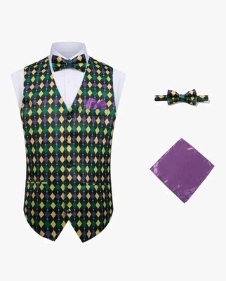 New Mardi Gras Tuxedo Vest 3 Pc Set Men Size medium W/Bowtie & Hankerchief - Image 1 of 4