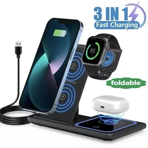 3-in-1 Fast Wireless Charger Dock MagSafe for iPhone Samsung Huawei Apple Watch - Picture 1 of 11