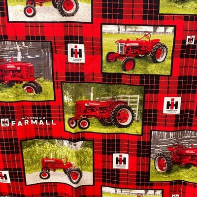 International Harvester Farmall Quilt Fabric 2 yd Tractors Farming Plaid Cotton - Image 1 of 4