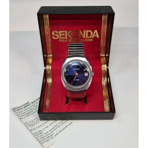 Vintage retro stainless steel blue face Sekonda Russian USSR 17 jewel watch box - Picture 1 of 24