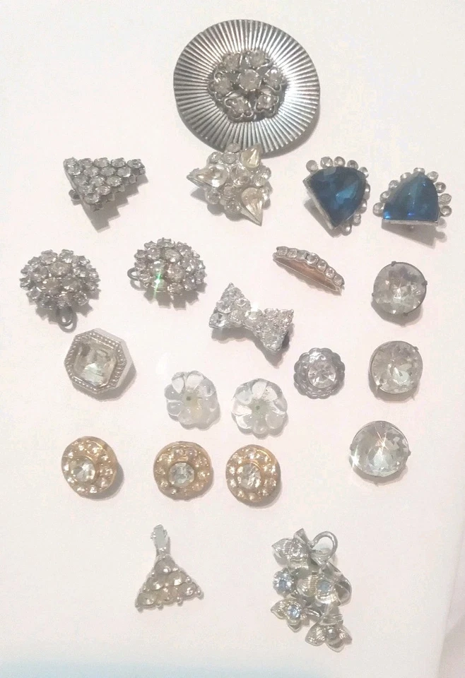 Vintage Rhinestone  Metal Shank Buttons And Earrings  Plus 2 Glass Buttons Lot - Image 1 of 4